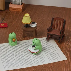 Cute miniature resin frog reading figurines with rocking chair table desktop decor set