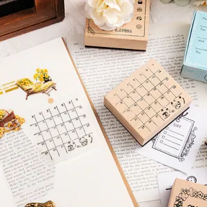 Retro wooden calendar schedule stamps set for journal DIY planning and daily notes.