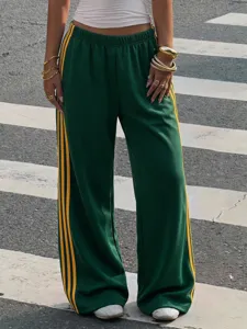 Y2K Retro High Waist Wide Leg Track Pants Casual Green Trousers with Yellow Stripes