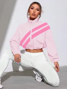 Detail view of the pink colorblock diagonal stripe stand collar short sun protection jacket.