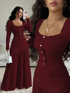 Long sleeve maxi dress for women solid color lace square neck single breasted elegant party outfit