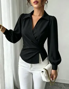 Elegant black french lapel v-neck wrap blouse for women, long sleeve slim fit stylish top.