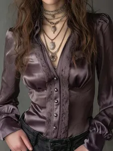 Elegant women long sleeve blouse solid color deep v neck single breasted lace trim top for autumn fashion