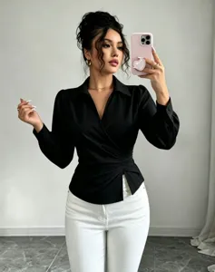 French lapel V-neck wrap tie long sleeve black blouse, chic slim fit shirt detail view.