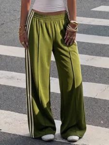 Green wide leg track pants with white side stripes, Y2K retro high waist casual trousers.