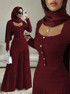 Women elegant long sleeve ruched maxi dress with square neck and button down modest design.