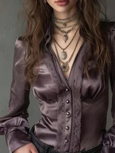 Women solid color deep V-neck single-breasted lace trim long sleeve fashion casual blouse top.