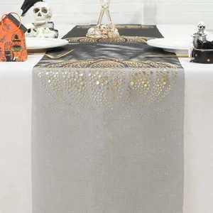 Camino de mesa Halloween tela gris estampado calabaza oro decoración de fiesta.