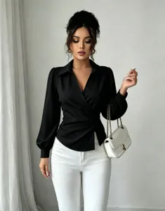 Black wrap long sleeve blouse with lapel V neck and waist tie detail, elegant style.