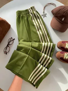 Y2K Vintage High Waist Casual Pants Olive Green Side Striped Track Trousers Streetwear