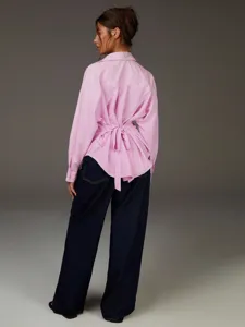 Camicia a righe maniche lunghe stile francese con fiocco sul retro da donna casual elegante