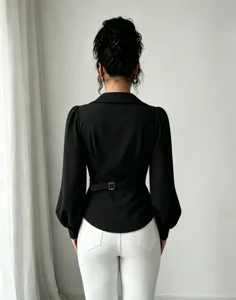 French style lapel long sleeve back belt black blouse detail view showing elegant waist design