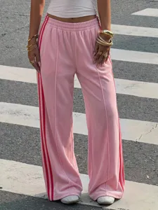 Women Y2K vintage pink high waist loose casual pants with side stripe streetwear