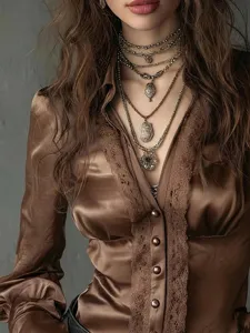 Fashionable solid color deep V-neck single-breasted lace women long sleeve brown top jewelry