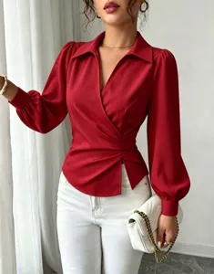 French lapel V-neck wrap tie waist blouse red long sleeve top detail view