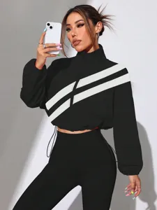 Colorblock Diagonal Stripe Stand Collar Cropped Jacket for Women Casual Streetwear Style