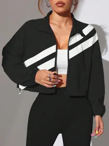 Trendy contrast color diagonal striped cropped stand collar casual jacket for women.