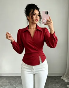French lapel V-neck wrap waist long sleeve blouse red shirt for women casual elegant