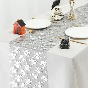 Camino de mesa Halloween con calavera espeluznante tela de malla mantel para fiesta.