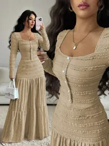 Solid color long sleeve maxi dress with lace trim and square neck for women daily casual wear.