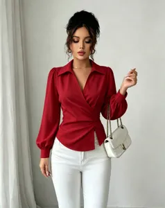Women French lapel V-neck wrap tie waist long sleeve red blouse casual chic shirt