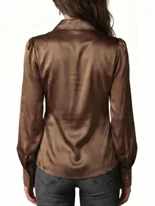 Solid color satin long sleeve button-up blouse for women, elegant casual fall top.