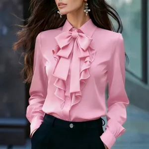 Elegante camisa rosa de manga larga con lazo y volantes para mujer top chic 2026