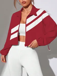 Trendy red white colorblock zip up crop windbreaker jacket for women casual daily streetwear
