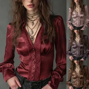 Womens Casual Long Sleeve V Neck Single Breasted Lace Trim Satin Blouse Solid Color Slim Fit Elegant Fashion Top