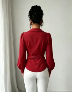 Red French lapel long sleeve belted blouse back view showing tailored waist and elegant drape.