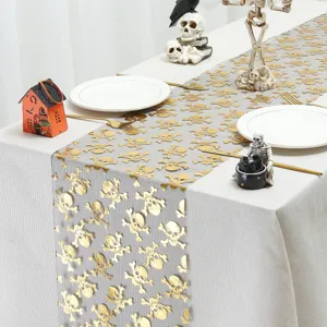 Camino de mesa Halloween gasa calavera oro patrón tela mantel fiesta decoración