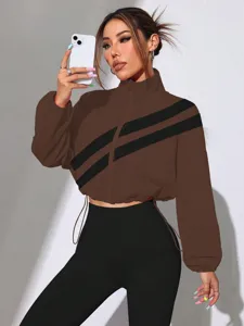 Brown contrast diagonal stripe cropped zip-up jacket, high collar street style daily wear.