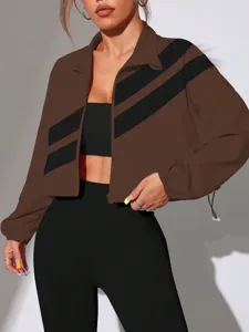 Brown crop jacket featuring contrast diagonal black stripes, stand collar, and front zip.