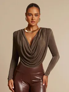 Donna colore unito scollo a V drappeggiato manica lunga body aderente molto elegante.