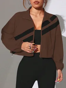 Brown contrast diagonal stripe stand collar crop jacket casual streetwear stylish outerwear
