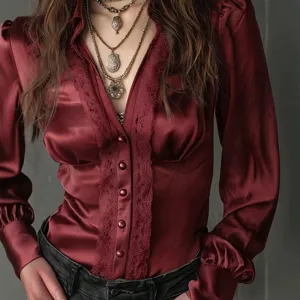 Chic deep V-neck long sleeve satin blouse with elegant lace trim and button-down front.
