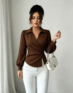Elegant French V-neck wrap blouse for women, stylish brown long sleeve puff top chic.