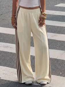 Y2K High Waist Wide Leg Track Pants Casual Cream Trousers with Side Stripes Fall Fashion