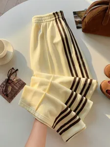 Y2K vintage high waist casual pants with brown side stripes, comfortable loose fit sweatpants.