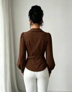 Back view detail of women brown lapel long-sleeve blouse featuring waist belt design.