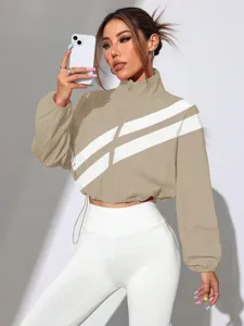Cropped Windbreaker Jacket Women Khaki White Striped Y2K Streetwear Fall Outerwear