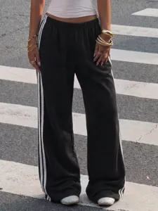 Y2K casual wide leg sweatpants with white side stripes, high waist draped loose long pants.