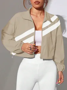 Cropped khaki windbreaker jacket with double white diagonal stripes, ideal for daily wear.