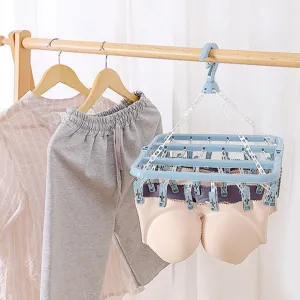 32-clip plastic clothes drying rack, multi-functional windproof sock and underwear hanger.
