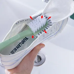 Cepillo de limpieza para zapatos de cinco lados con mango largo y cerdas suaves para zapatillas