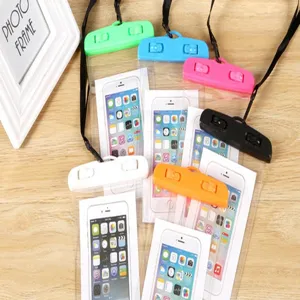 Waterproof phone pouch with clear window, floating strap and secure seal lock for beach.