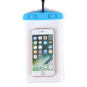 Transparent waterproof phone pouch for beach swimming and diving with secure clip seal.