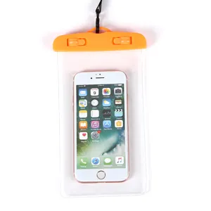 Transparent waterproof phone pouch with secure orange clasp and lanyard for beach and swimming.