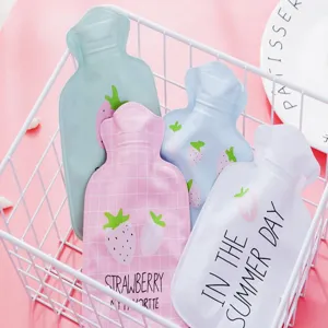 Cute cartoon strawberry print hot water bag, portable winter hand warmer for students and gifts.