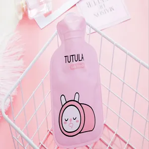 Cute cartoon pink hot water bottle with bunny design, portable water injection hand warmer for students.